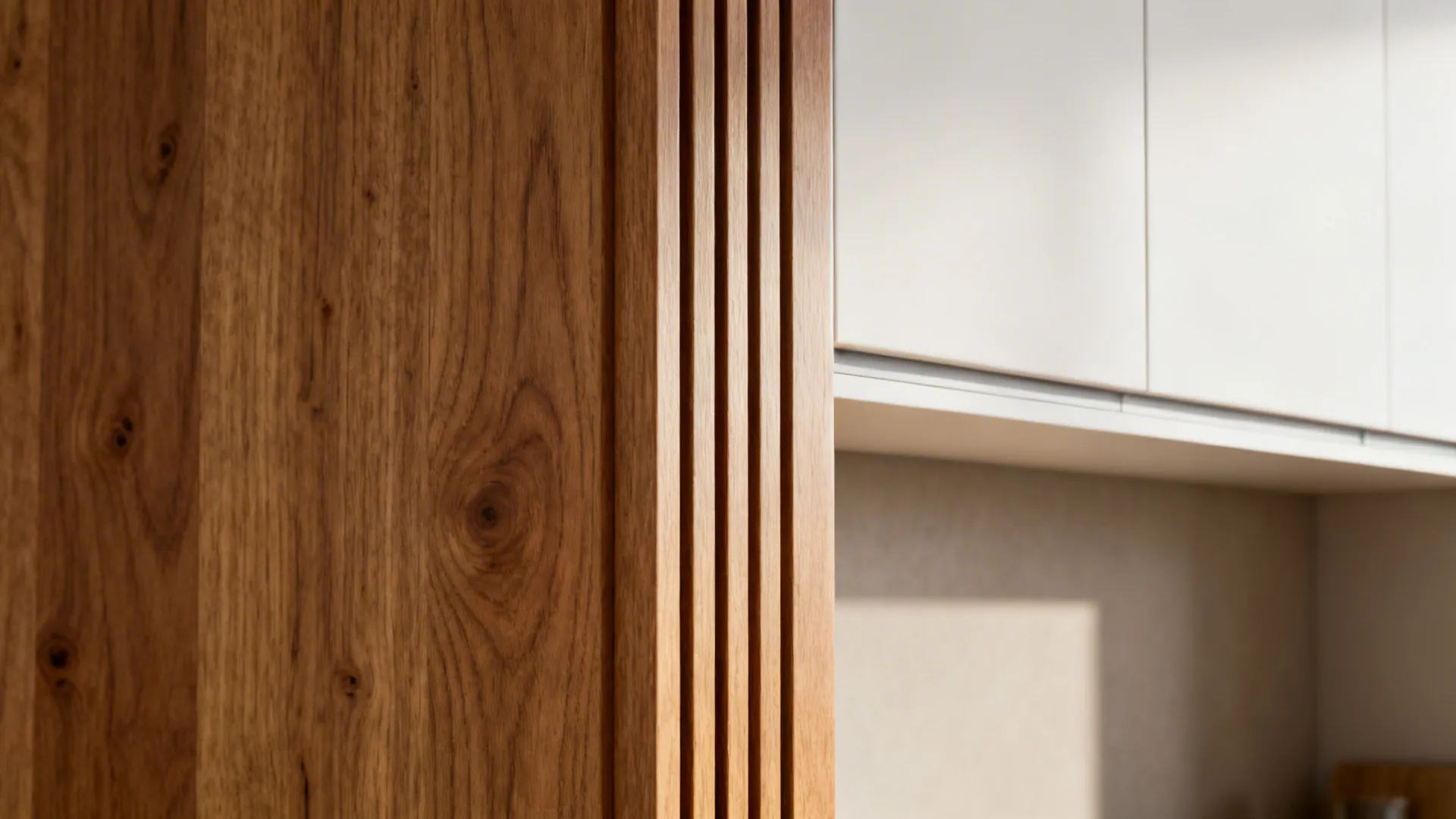 Vertical wood wall panel next to white kitchen cabinets in a modern home interior design