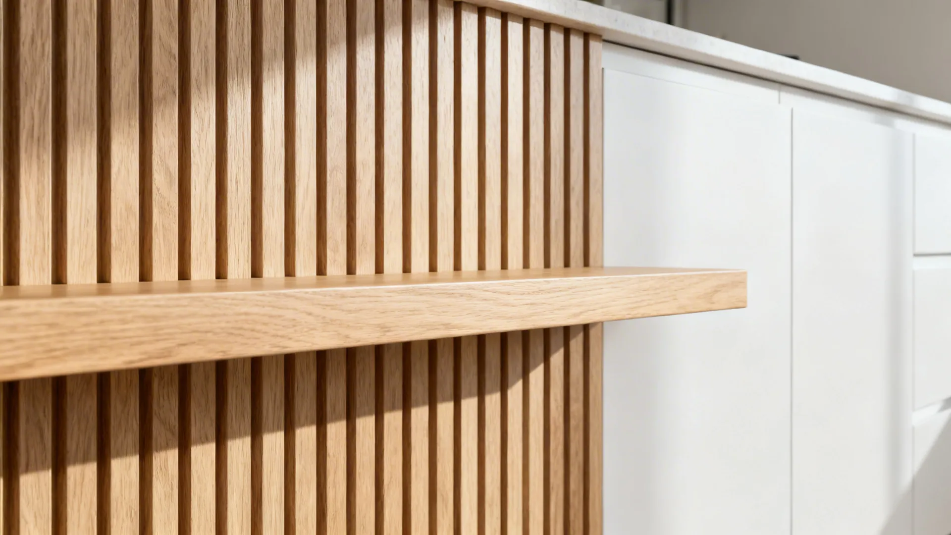 Macro of ribbed light oak panel and floating shelf paired with matte white cabinetry.