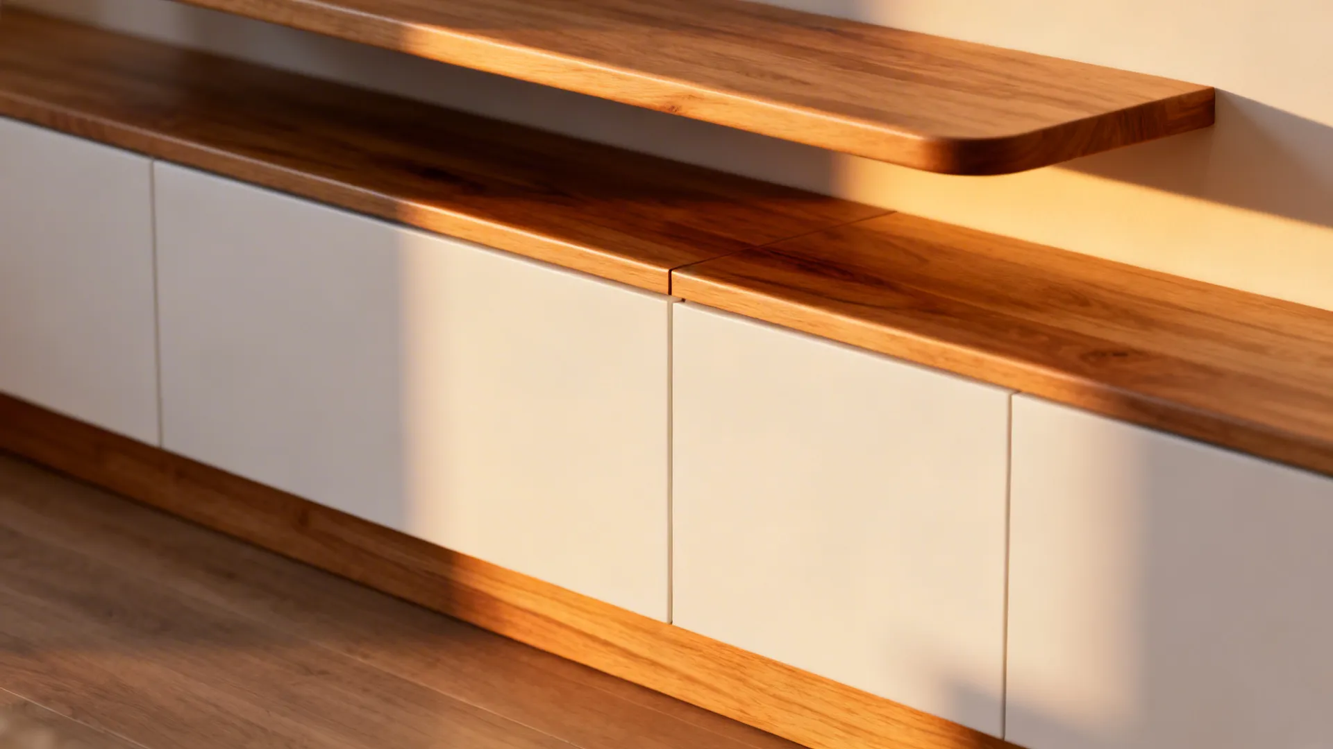 Macro of a slim oak toe-kick and floating oak shelf with white cabinet fronts.