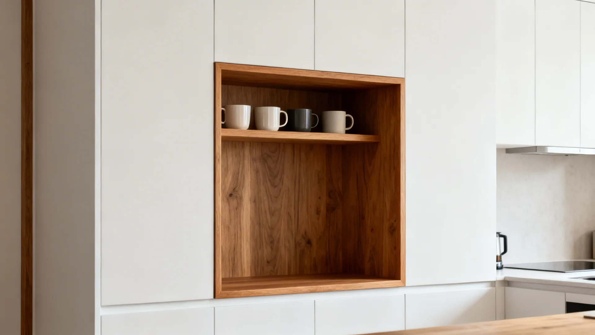 Warm wood accents that frame storage