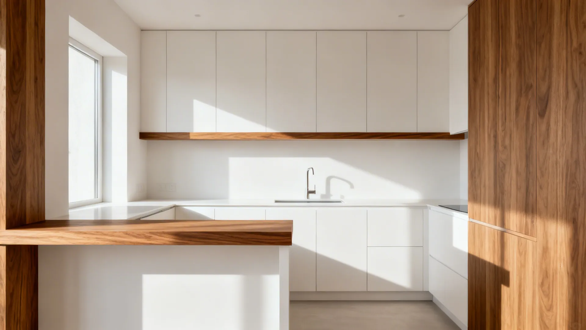 Modern white kitchen with wooden shelf wood wall panel large window and bright natural sunlight