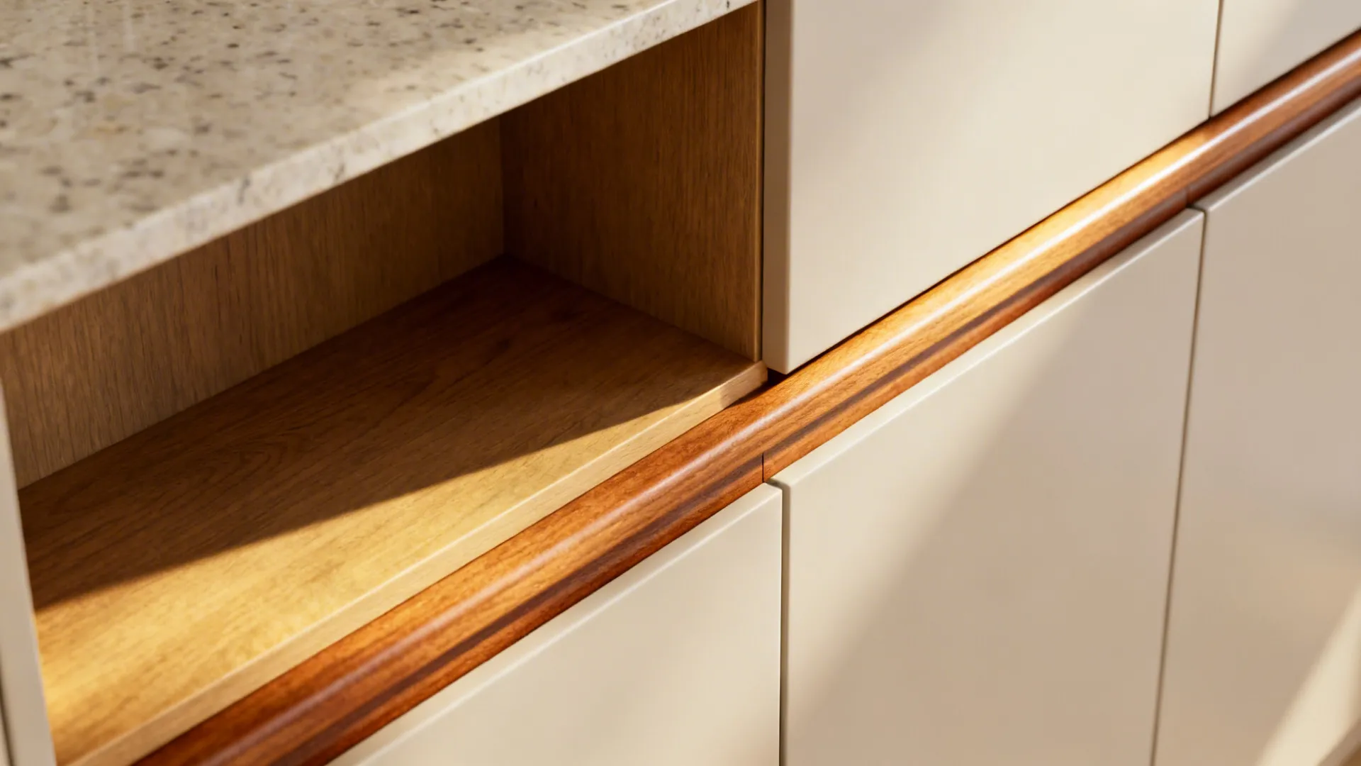 Macro of warm oak shelf and trim details softening light satin cabinets in a compact kitchen.