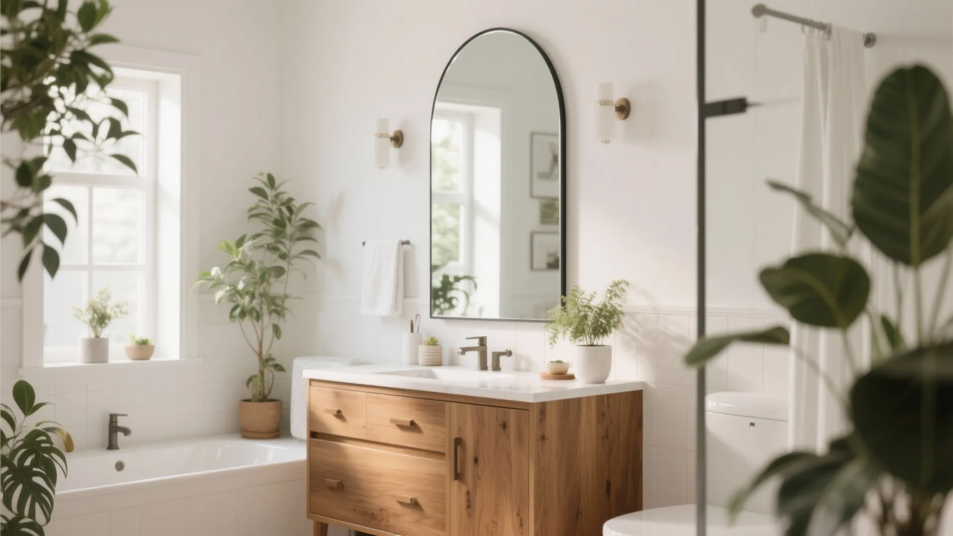Bright bathroom with wooden cabinet, marble top, arched mirror, green plants, white walls, and bathtub