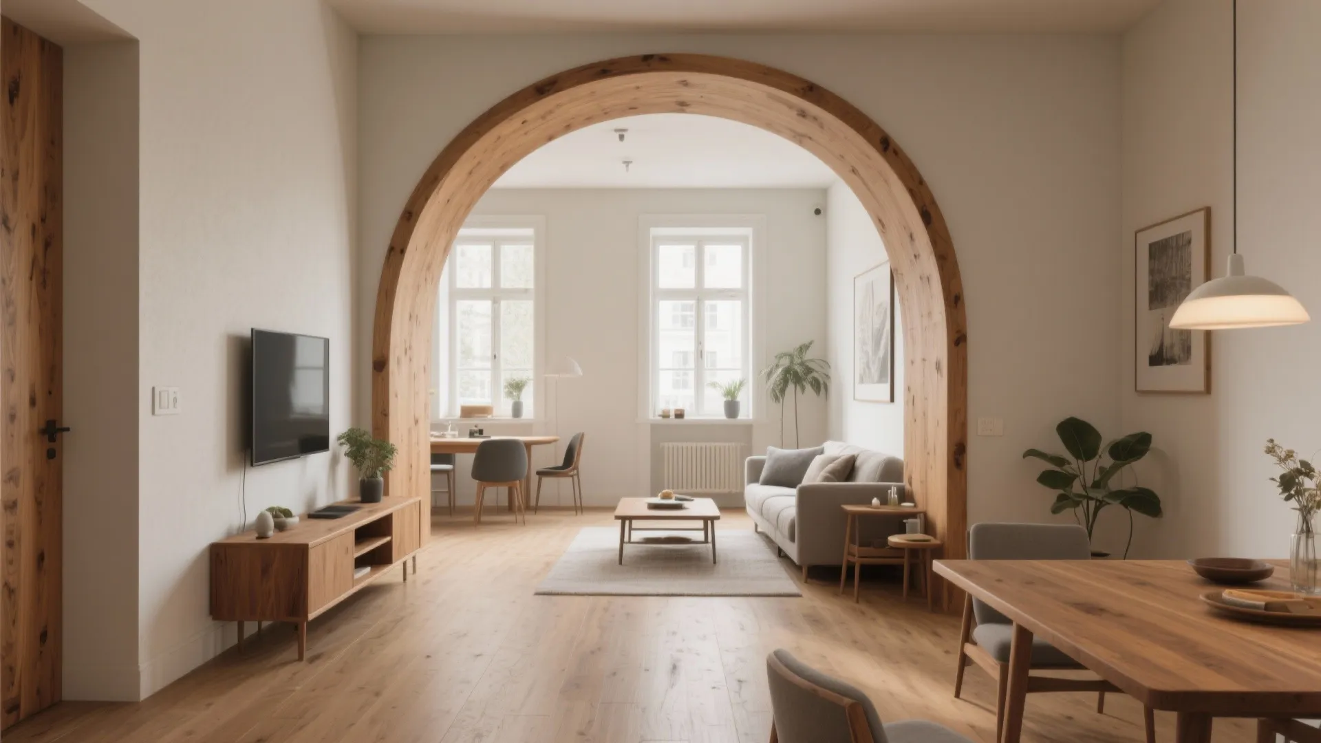 1) Solid-Wood Archway Between Living and Dining