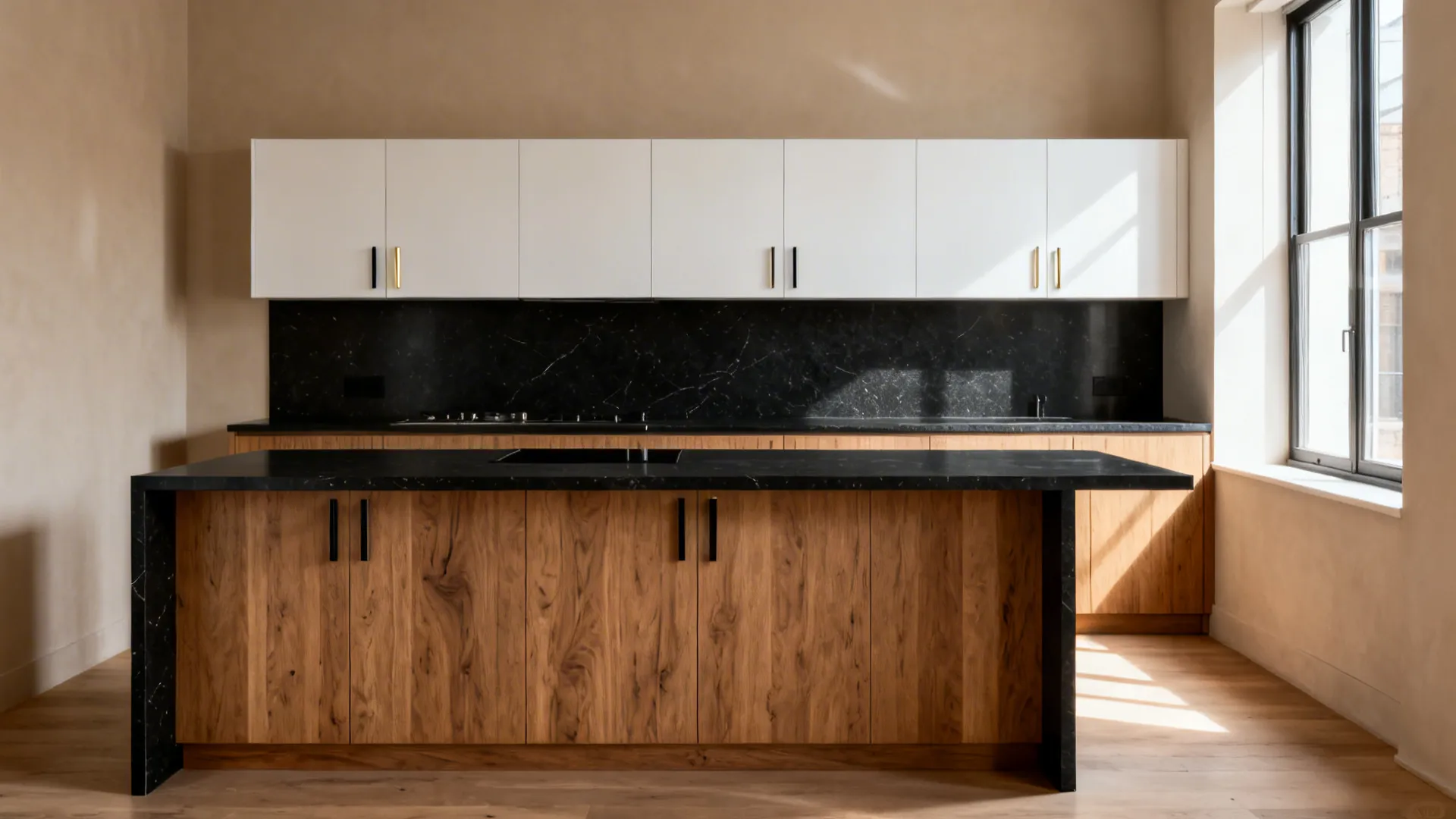 Rift-cut oak base cabinets with white uppers and black granite waterfall peninsula.