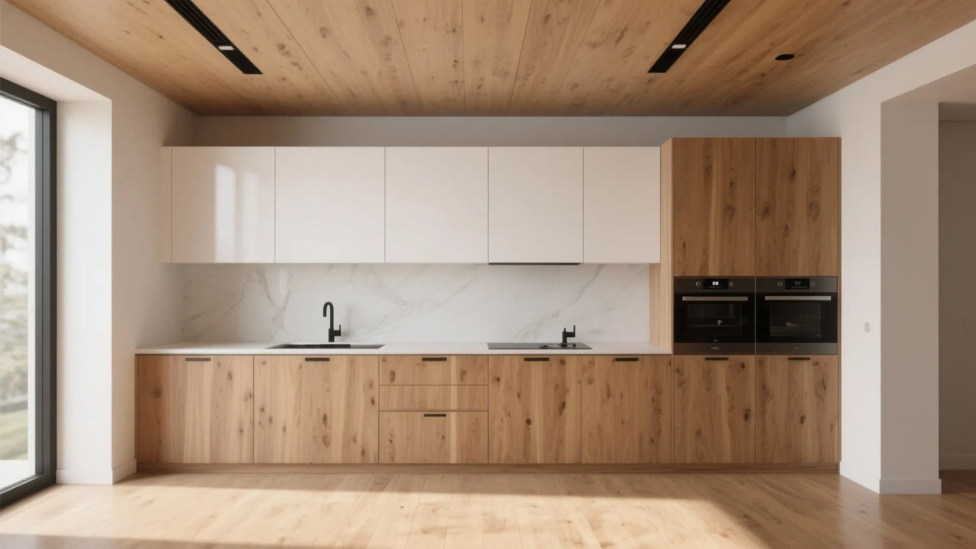 2. Oak base cabinets with white upper units