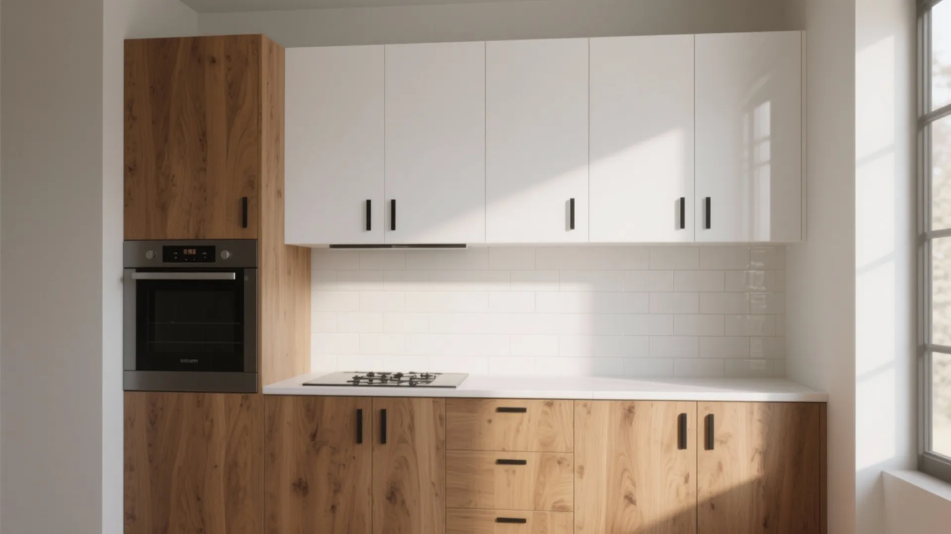 1. Warm Oak Base, Crisp White Upper Cabinets