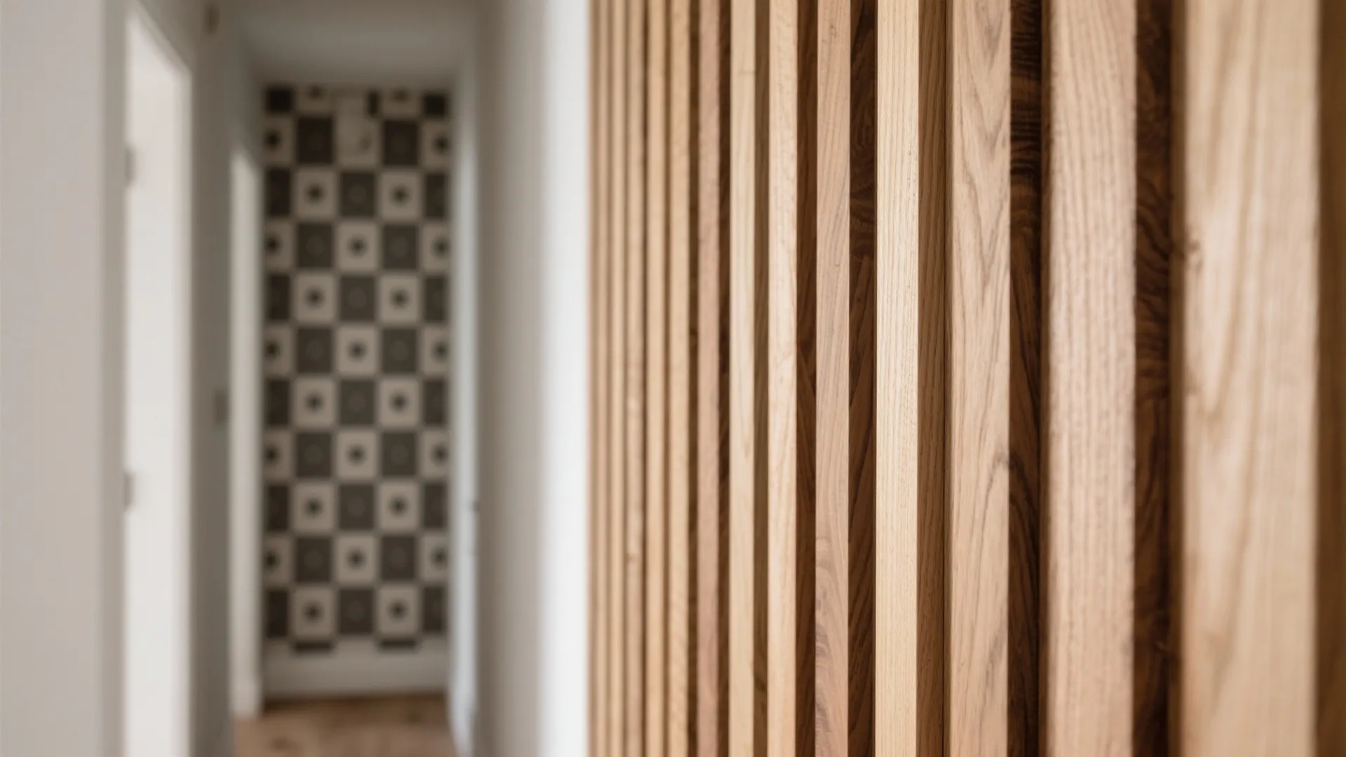 Close up of vertical wooden wall panels in a hallway with white walls and flooring