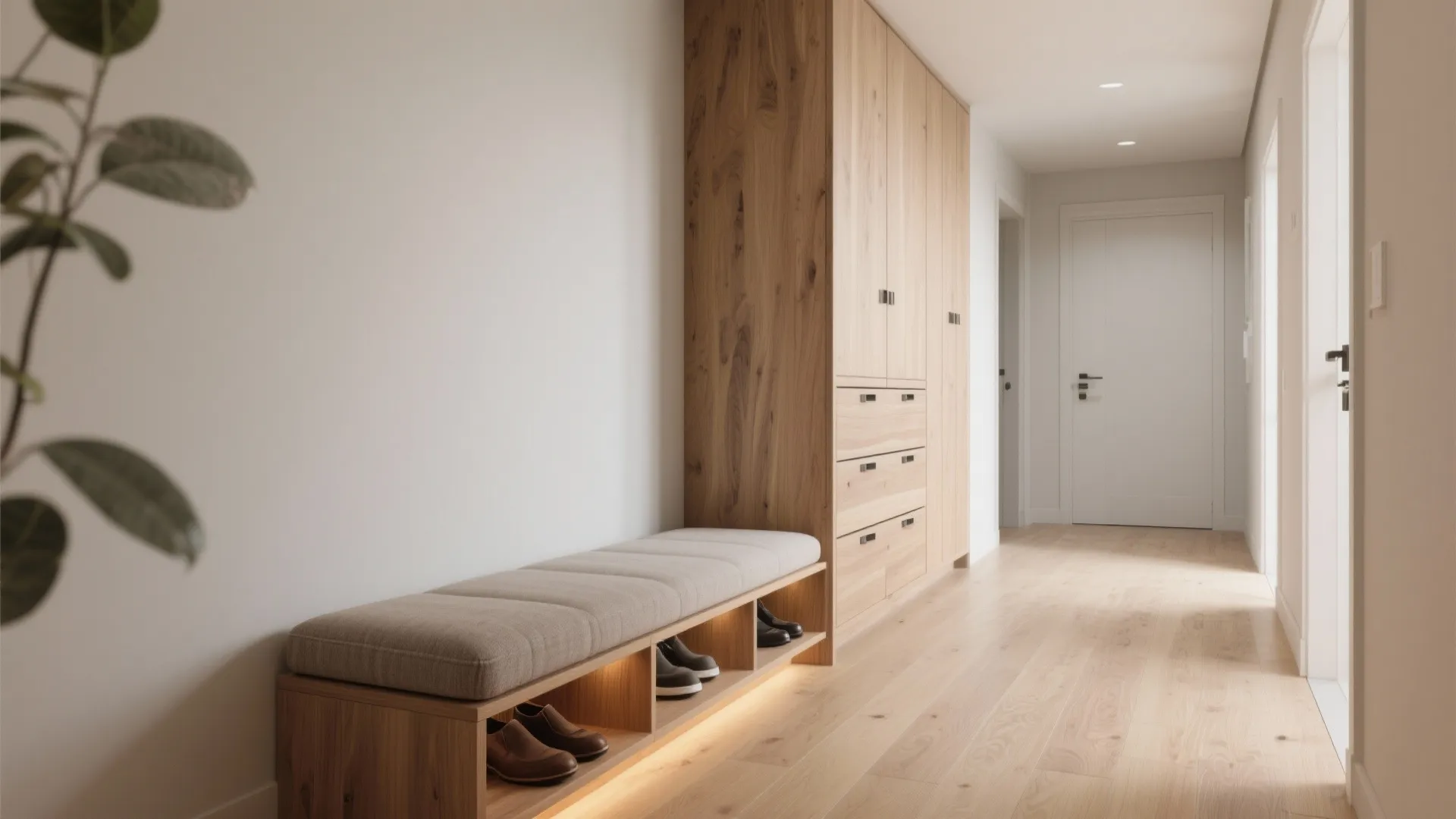 Modern hallway with wooden bench for shoes and large wooden cabinet under bright ceiling lights