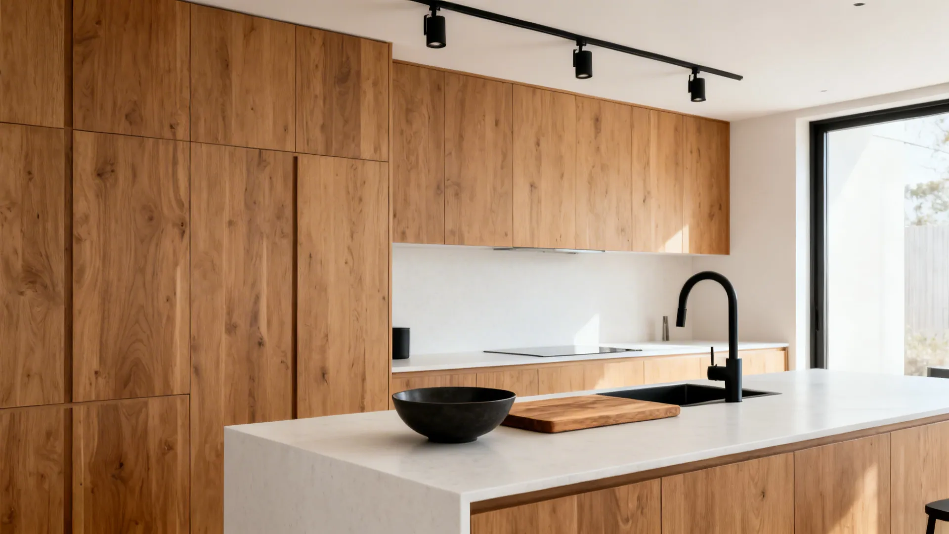 Warm wood + matte black hardware contrast