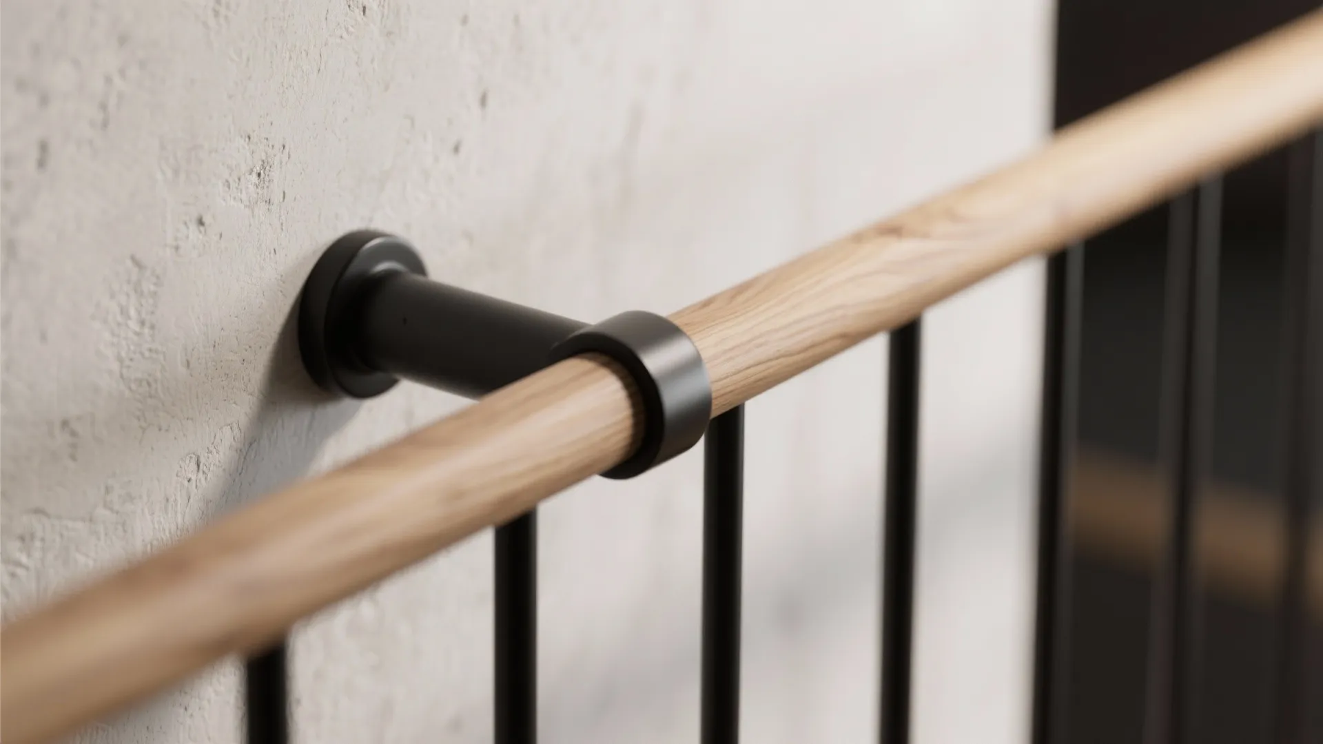 Material contrast: timber warmth with matte black accents