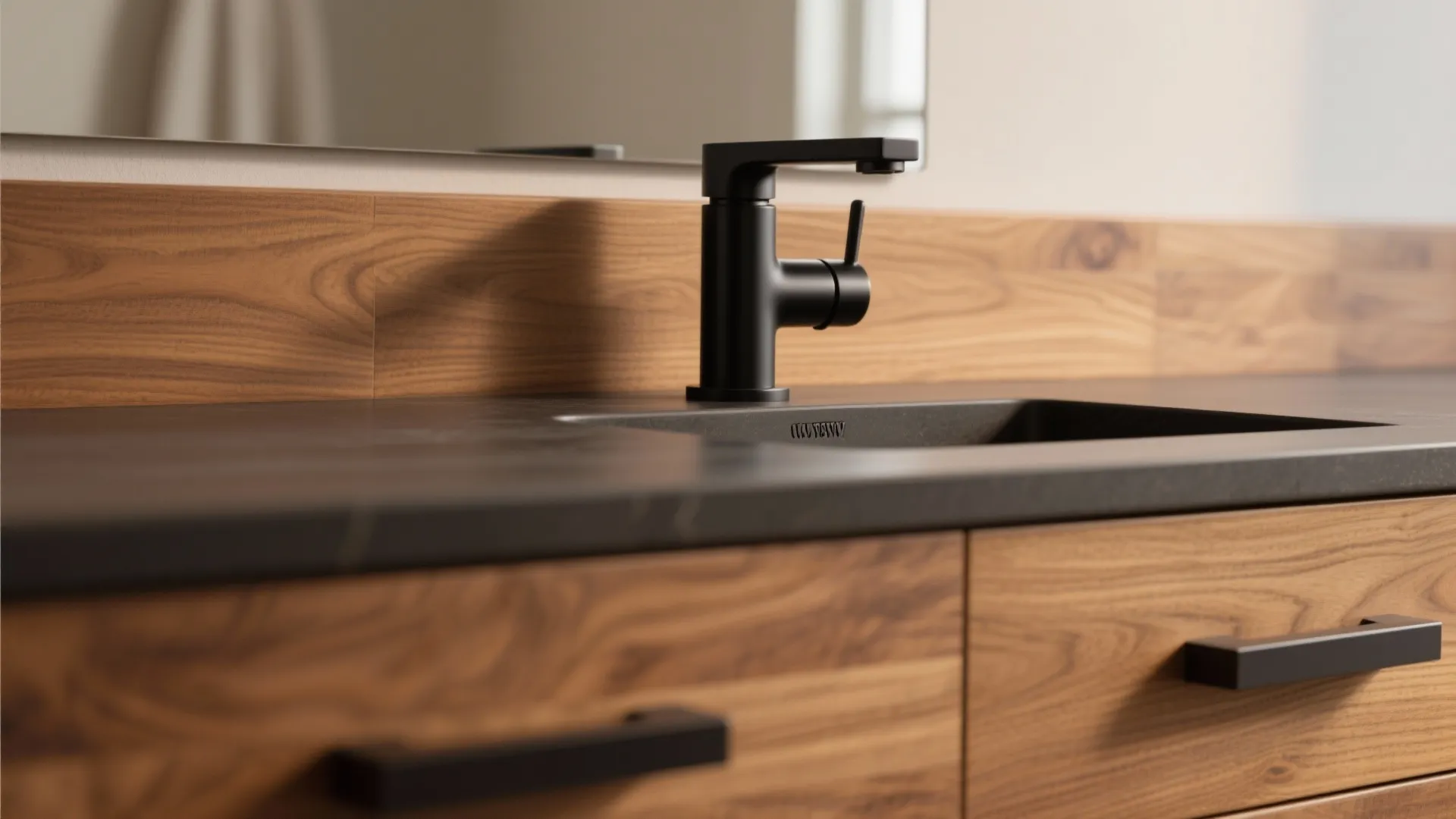 Close up of black faucet on dark sink with oak wood wall panel and drawers