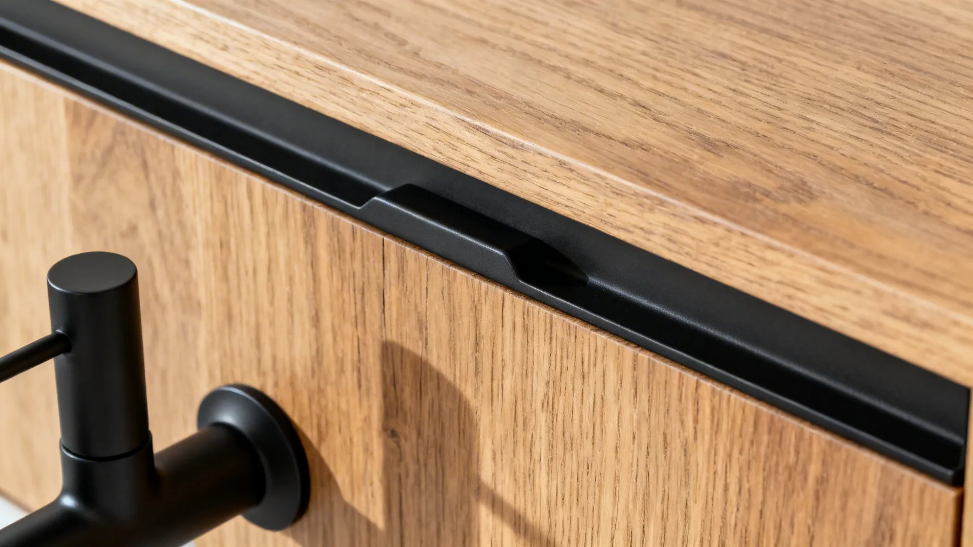 Warm wood + matte black hardware contrast