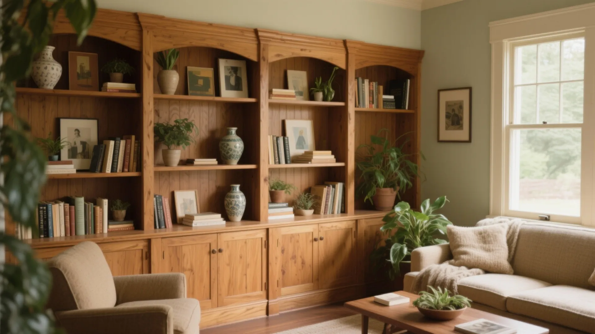 Large wooden bookcase wall with many books plants and vases next to a beige fabric sofa