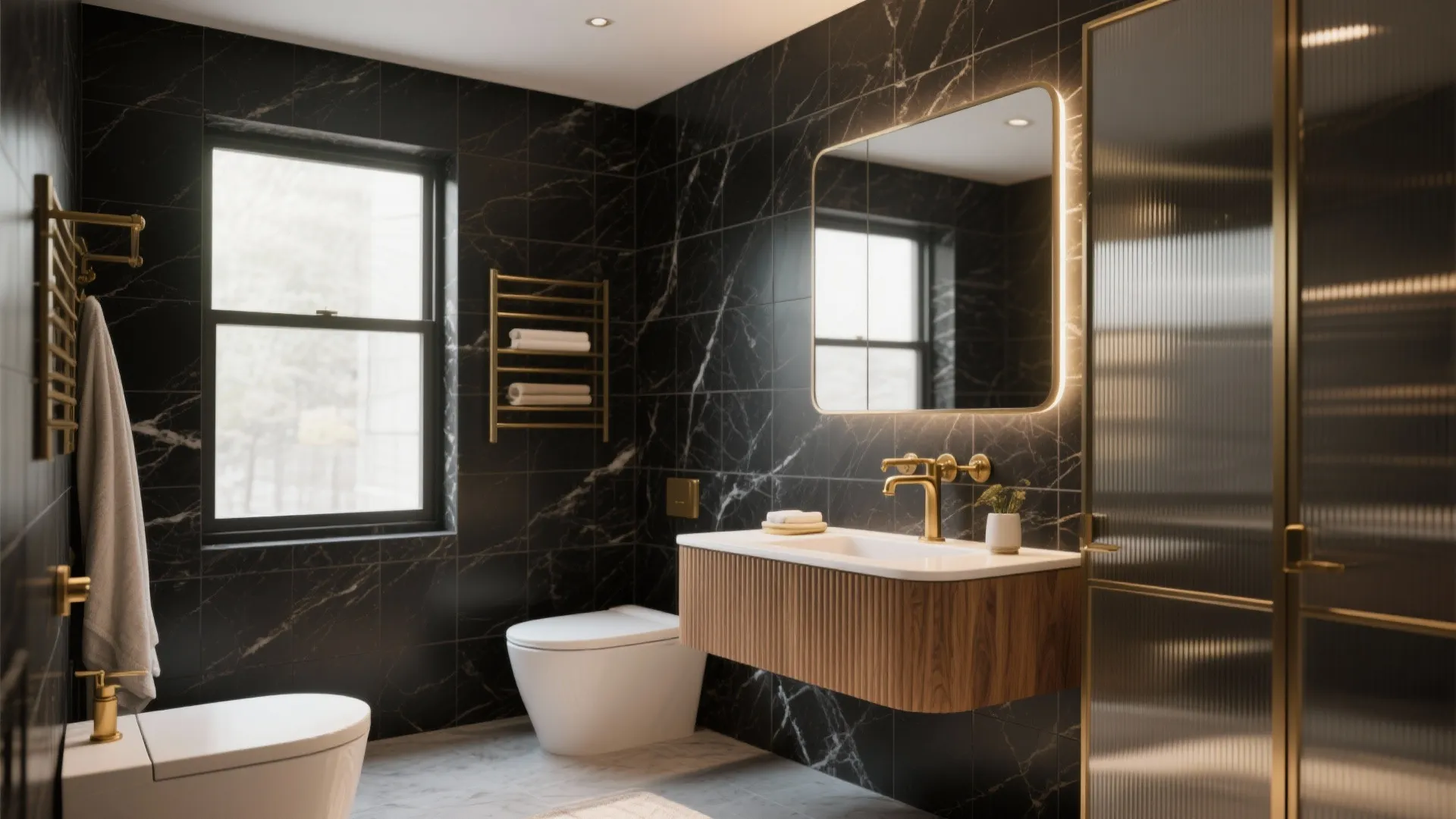 Black marble tiles bathroom with warm brass fixtures, fluted oak vanity, and ribbed glass accents creating a boutique hotel feel.