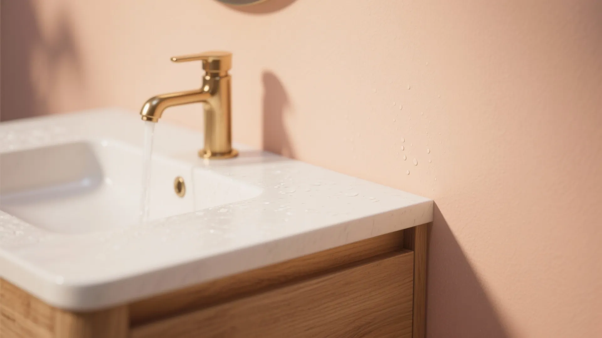 Close up of gold water tap on white bathroom sink with wooden cabinet and peach walls