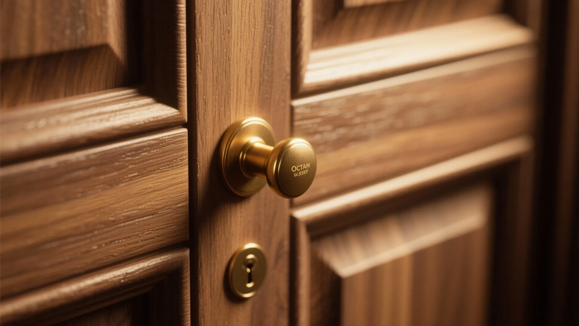 Gold round door handle on a brown wooden door with a keyhole and visible wood grain