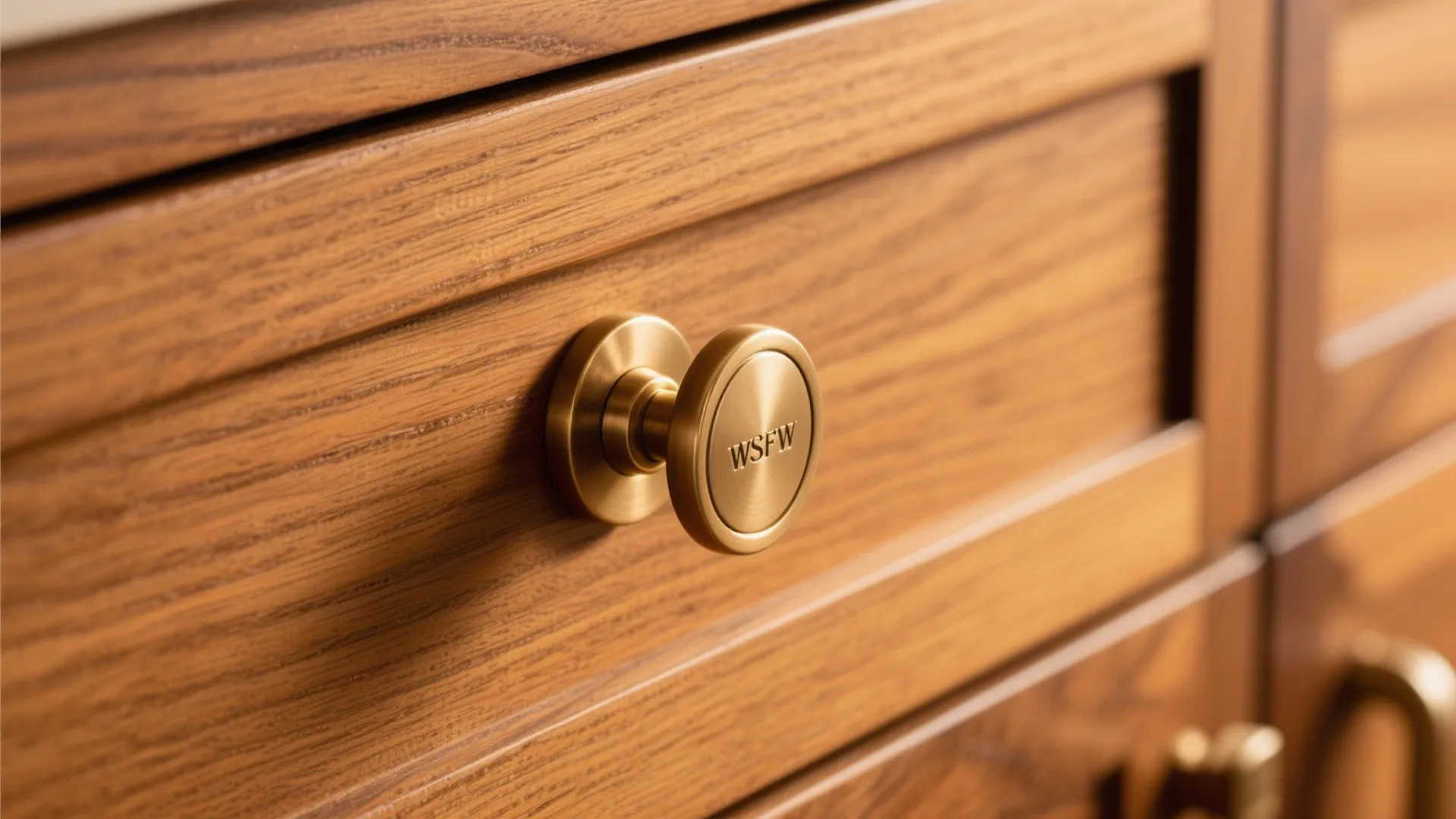 Close up of a round gold brass handle on a light brown wooden cabinet drawer surface