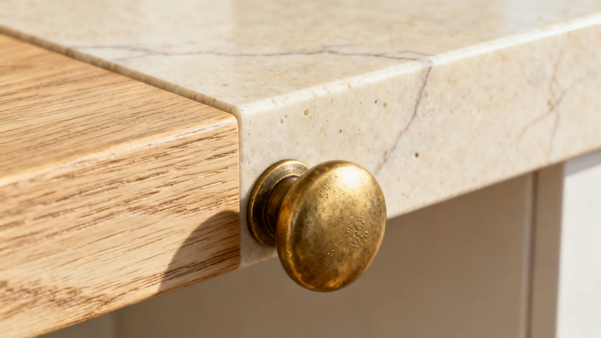 Macro of wire-brushed oak, limestone-look quartz, and aged brass knob with patina.