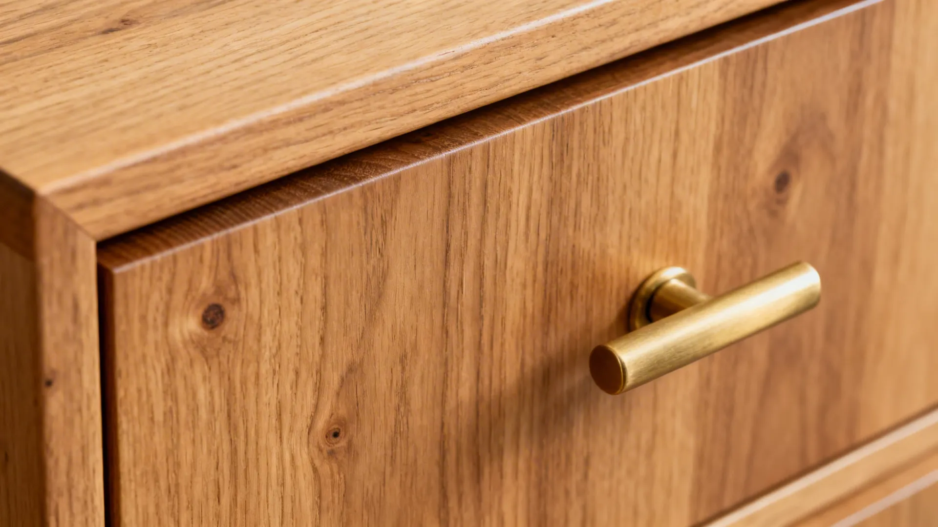 Close-up of oak veneer drawer front with brushed brass hardware and a satin finish.
