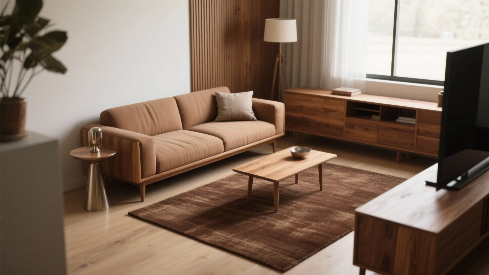 2. Warm oak and brown rug pairing
