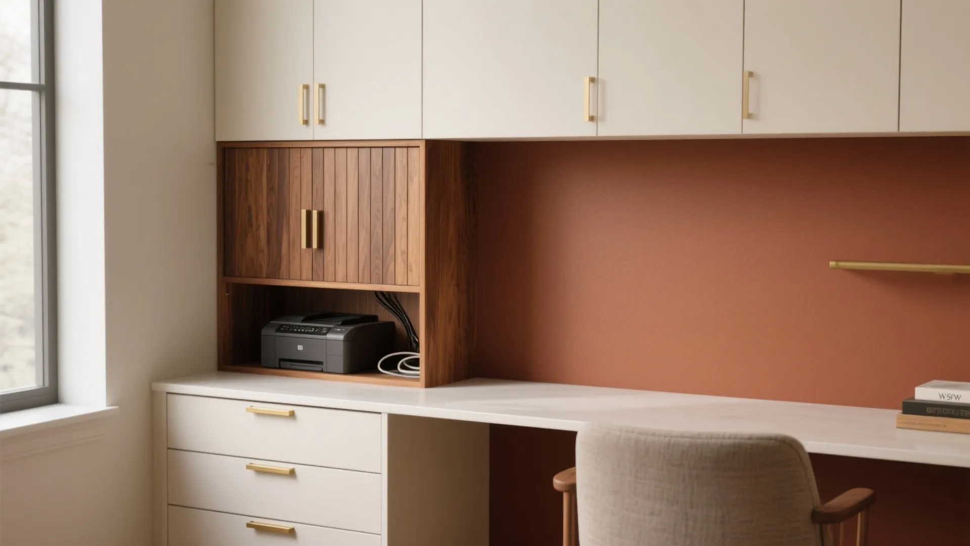 2) Warm wood built-ins with concealed storage