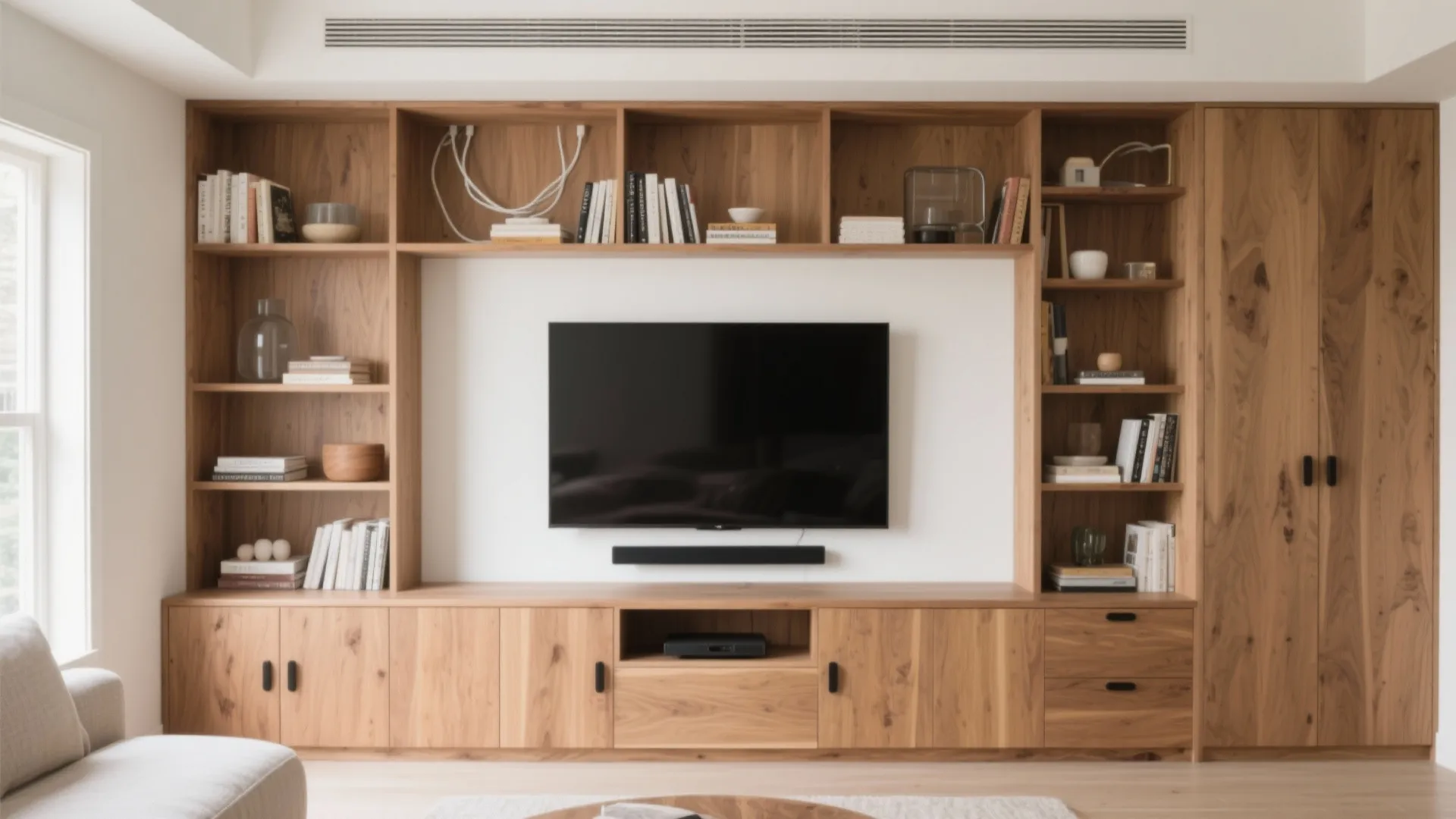 Built-In Oak Storage Around the TV