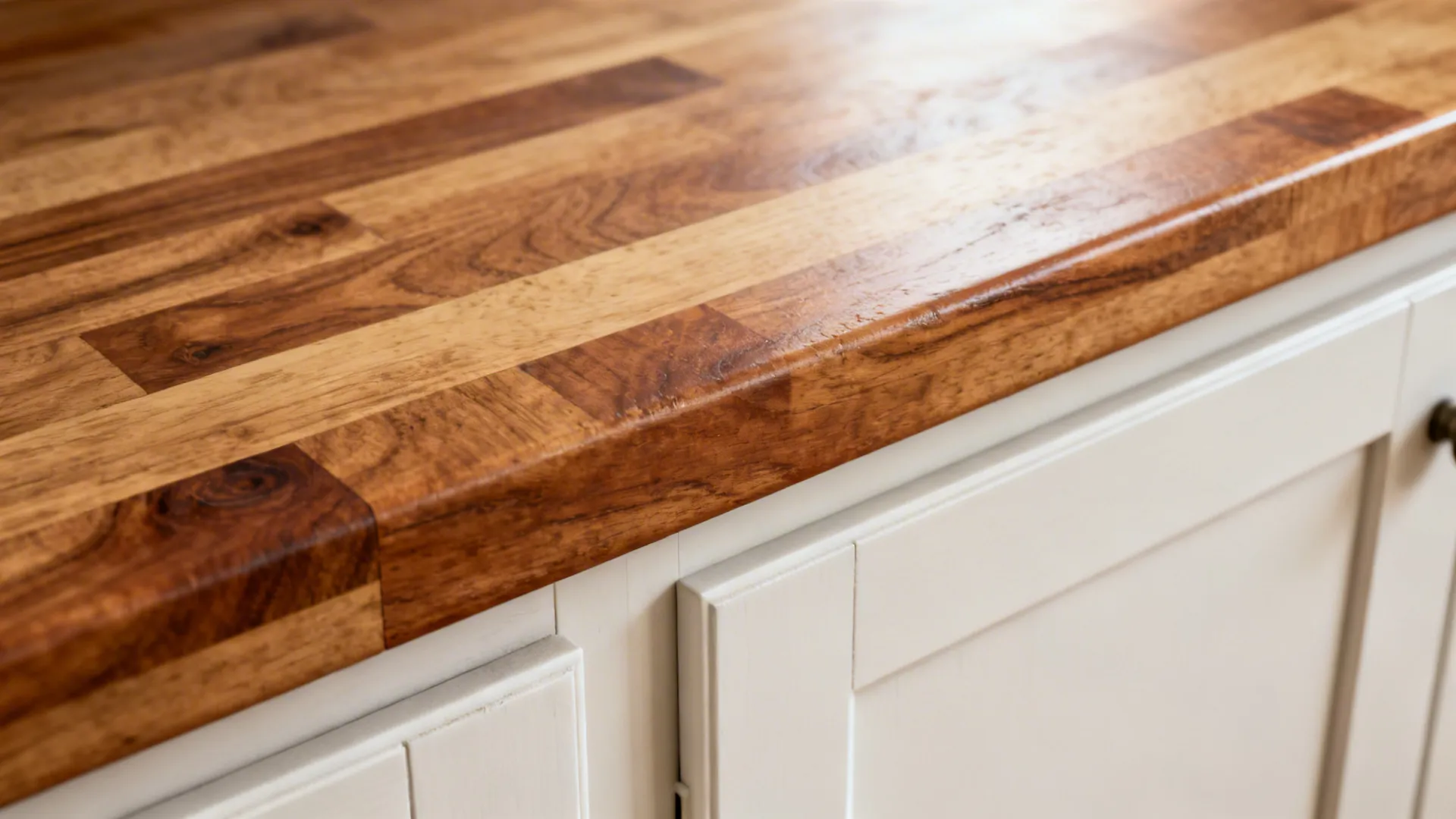 Close-up of oak butcher-block countertop grain beside white cabinet, showing warm texture