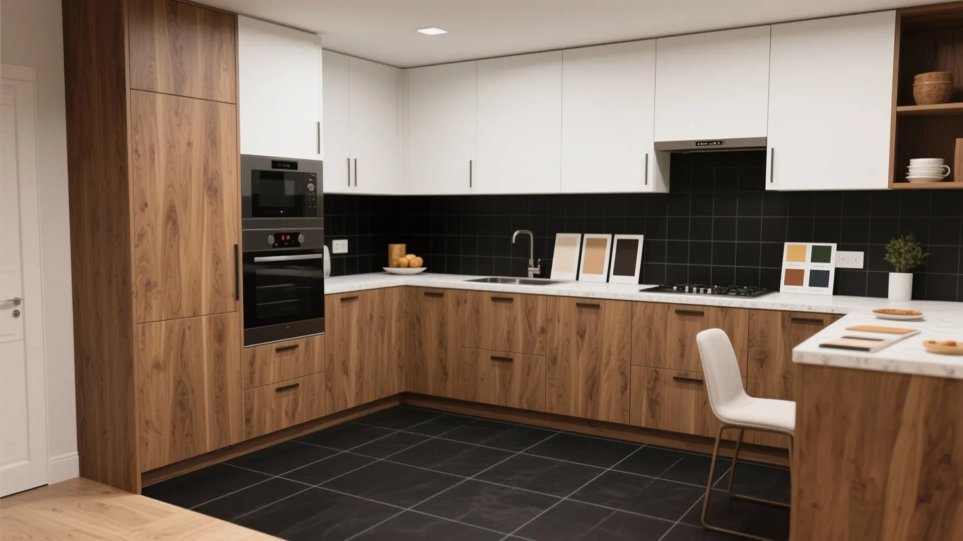 2. Warm wood tones to soften the drama