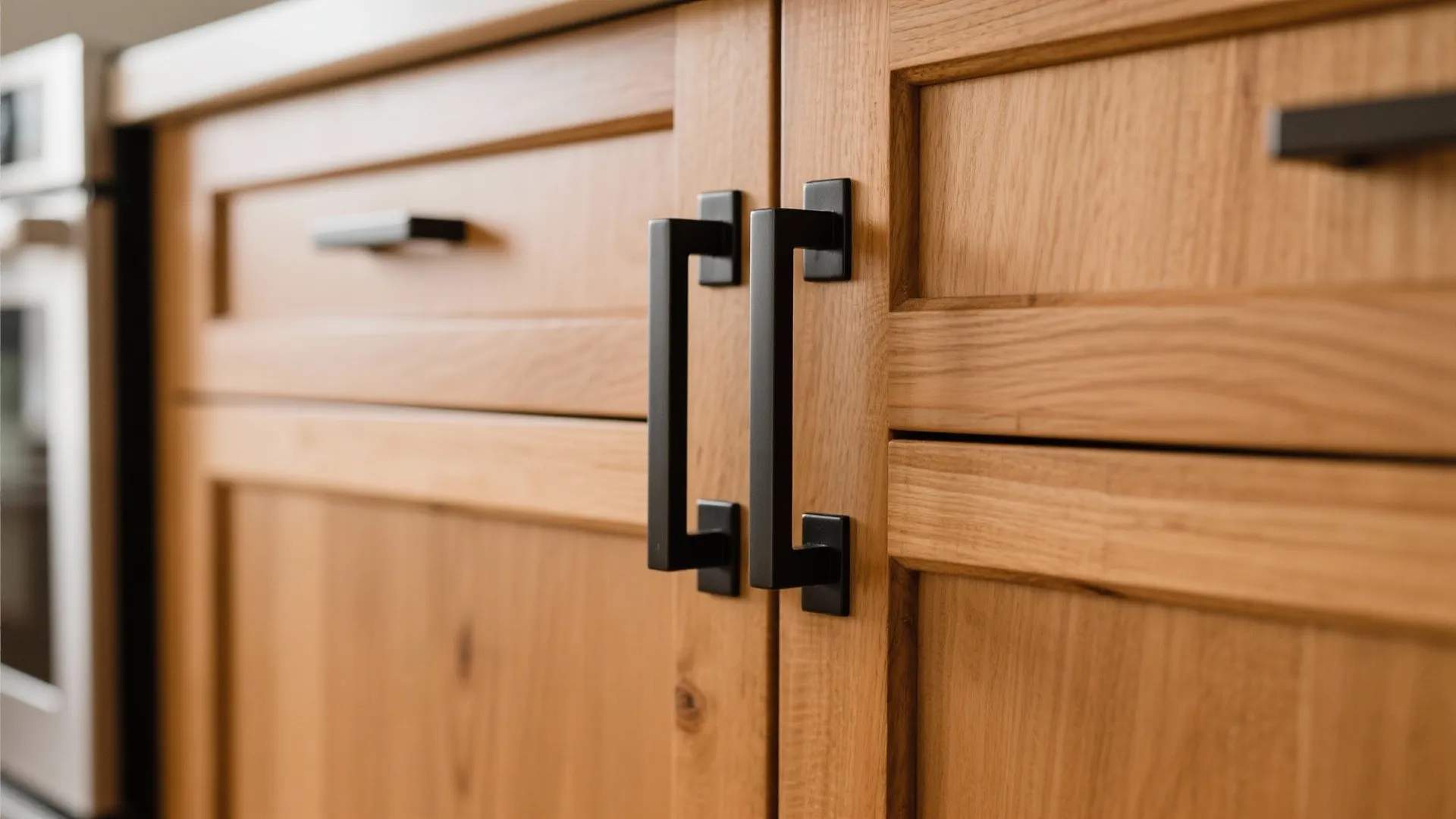 Close up of black metal handles on light wood kitchen cabinet doors and drawer fronts
