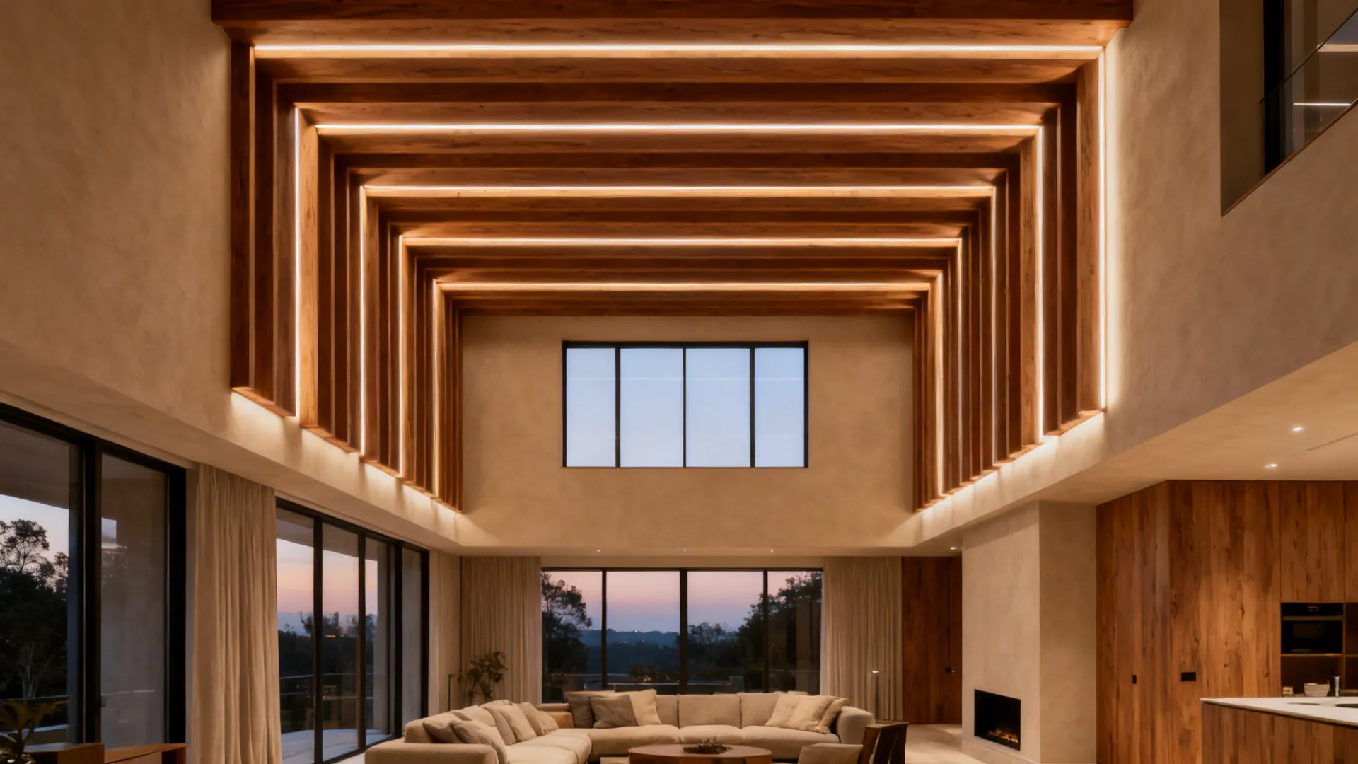 Slim oak coffered ceiling with linear lighting grounding a double-height living room.