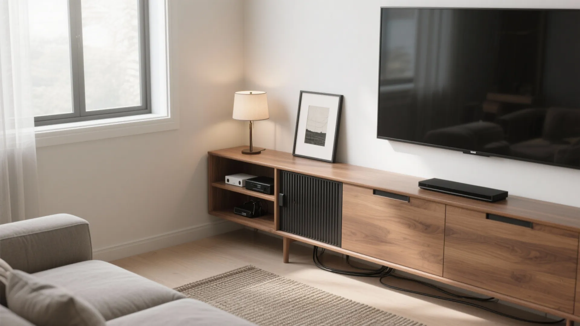 Minimalist corner console with hidden storage