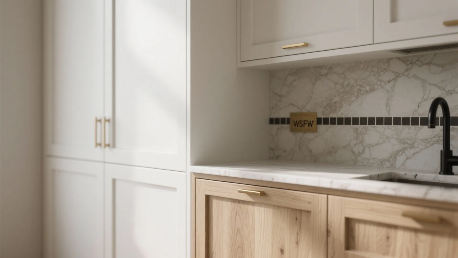 Close up view of white and wood kitchen cabinets with gold handles and marble countertop