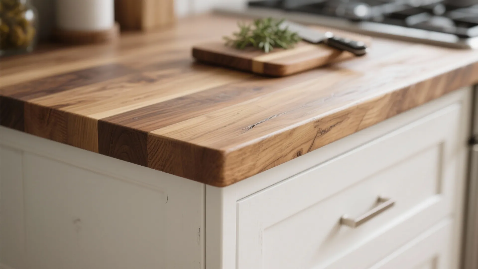3. Oak Countertops with White Cabinets — Modern Rustic