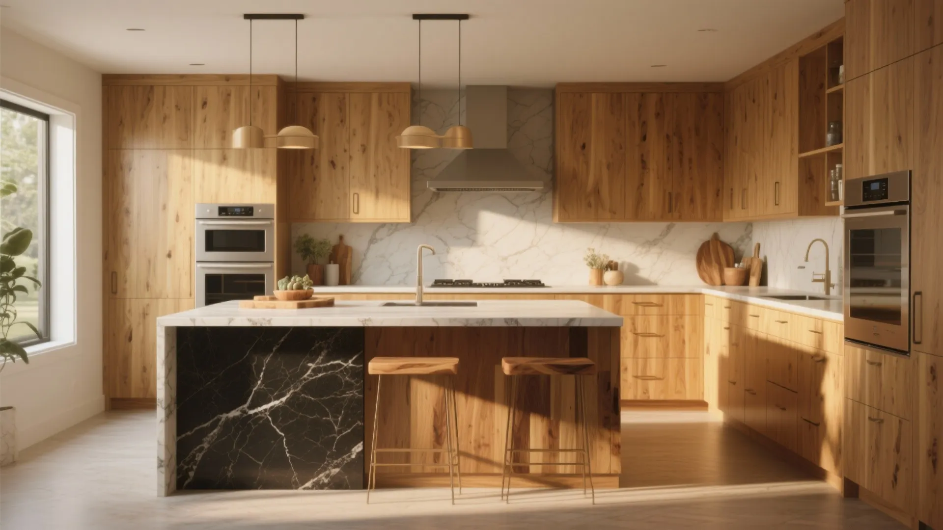 Modern kitchen with wooden cabinets black marble island white counters two bar stools and ceiling lights
