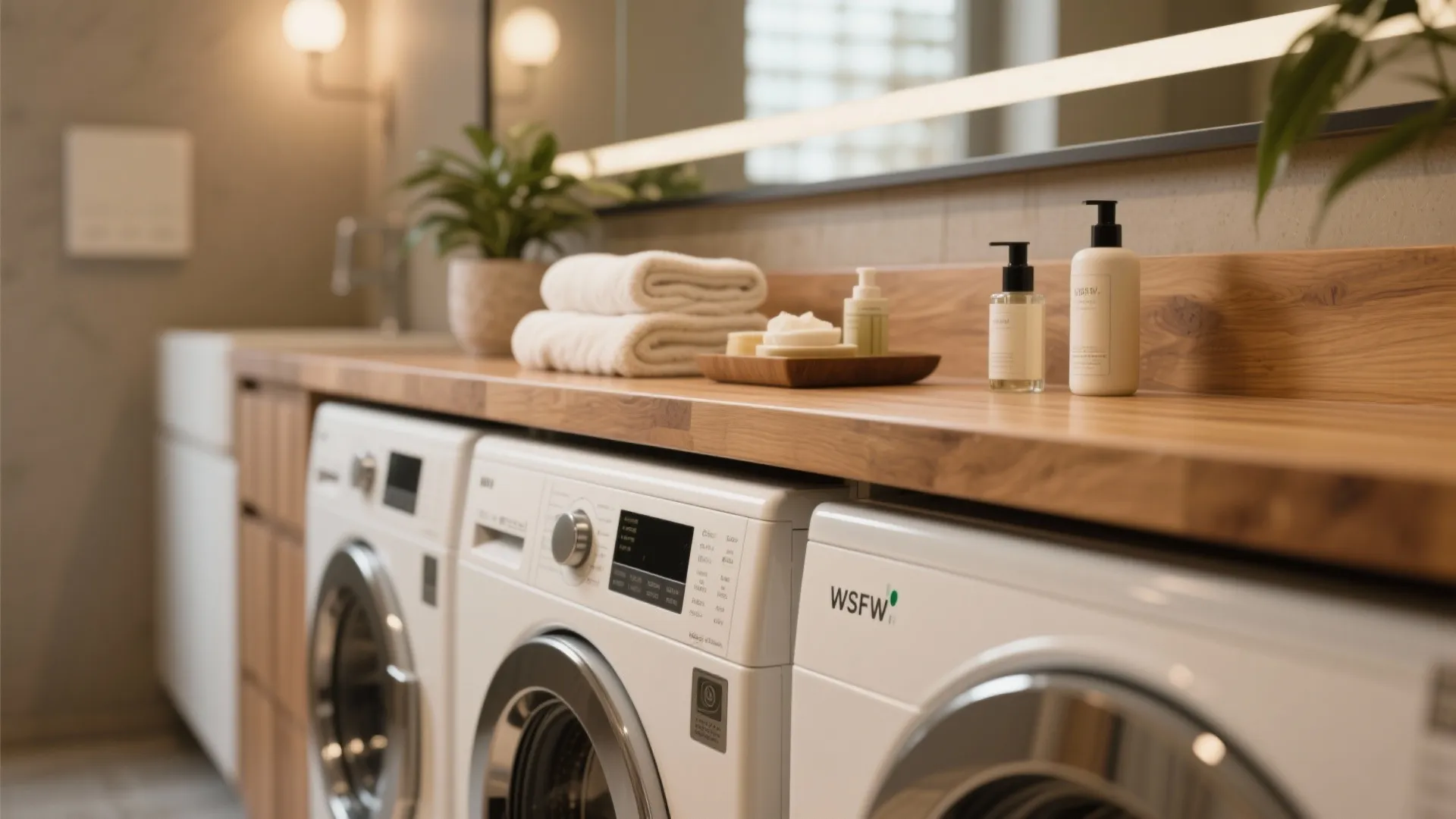 Close up of white washing machines under wood counter with folded towels and small potted plant
