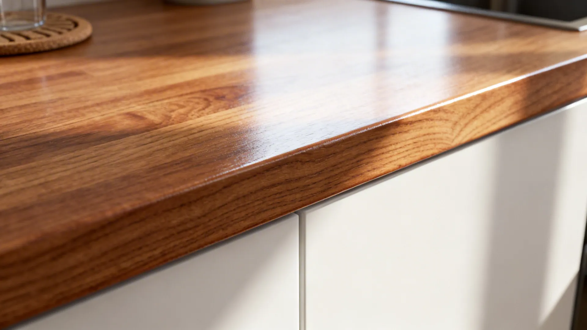 Close-up of an oiled oak countertop edge beside a matte white cabinet front in soft daylight.