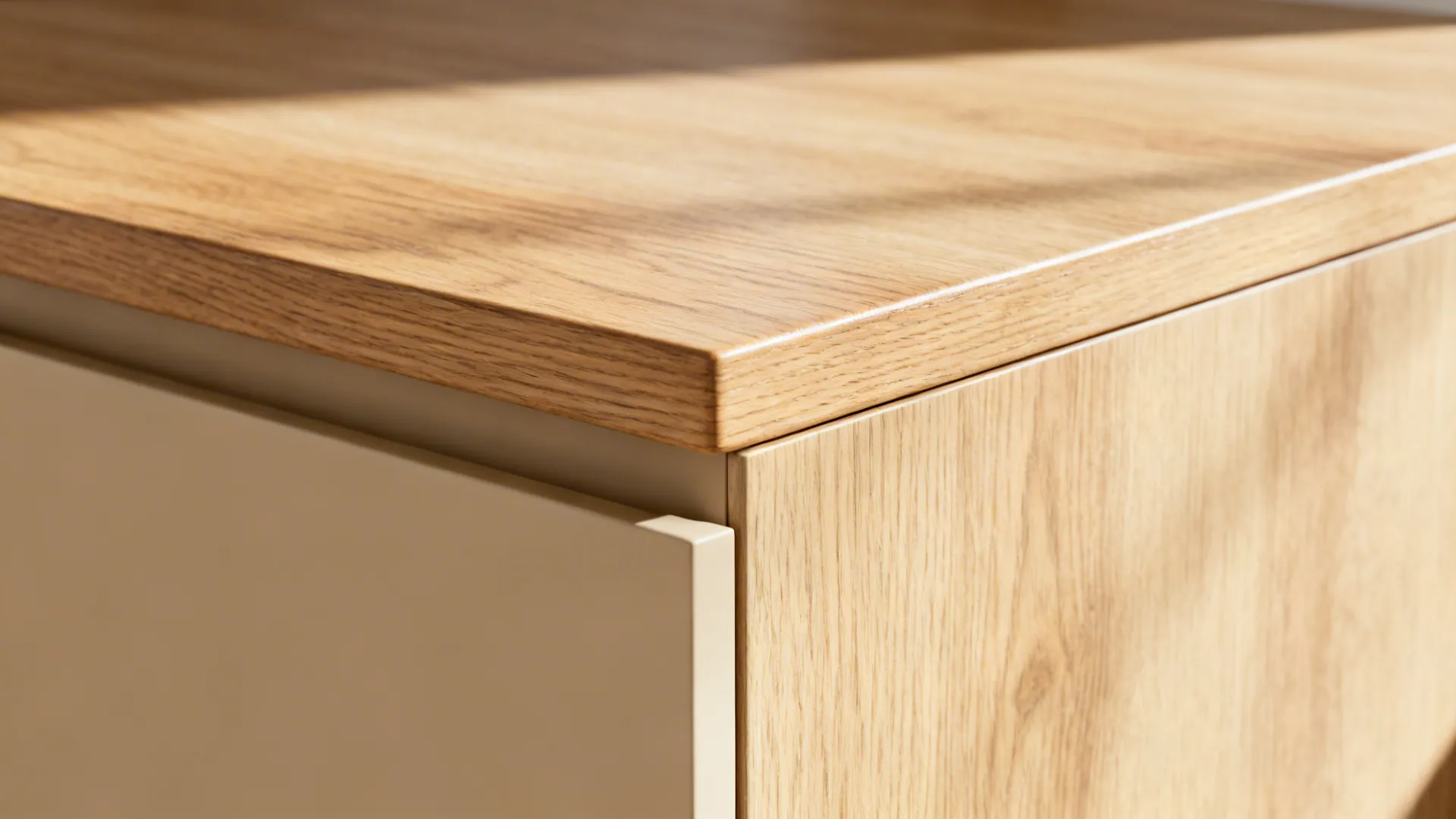 Close-up of oak edge-grain countertop with smooth hardwax oil finish next to a matte cabinet.