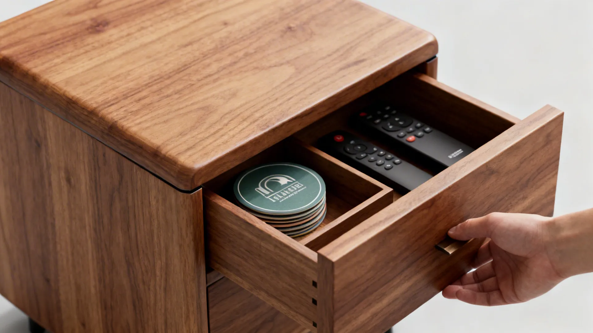Hand opening a wooden cabinet drawer containing green coasters and two black television remote controls
