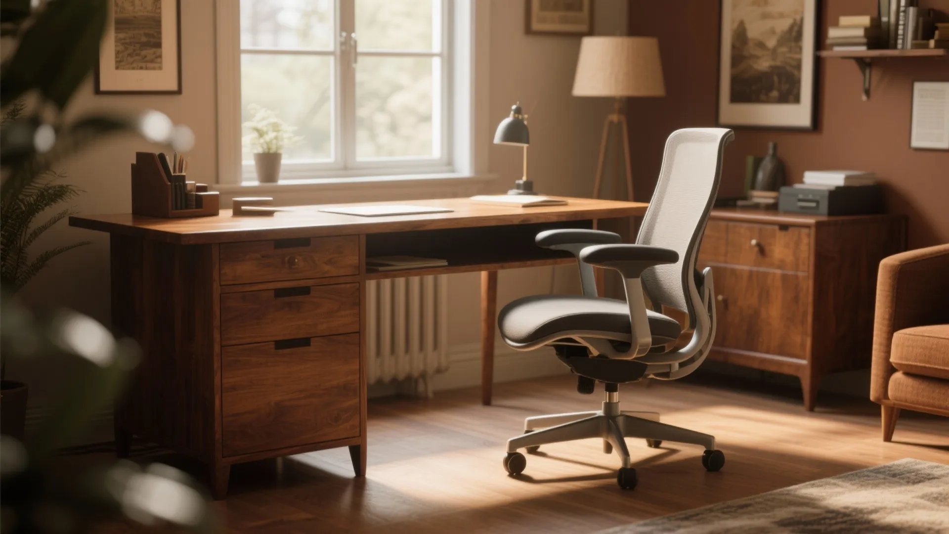 Modern home office with wooden desk and grey ergonomic chair by a large bright window