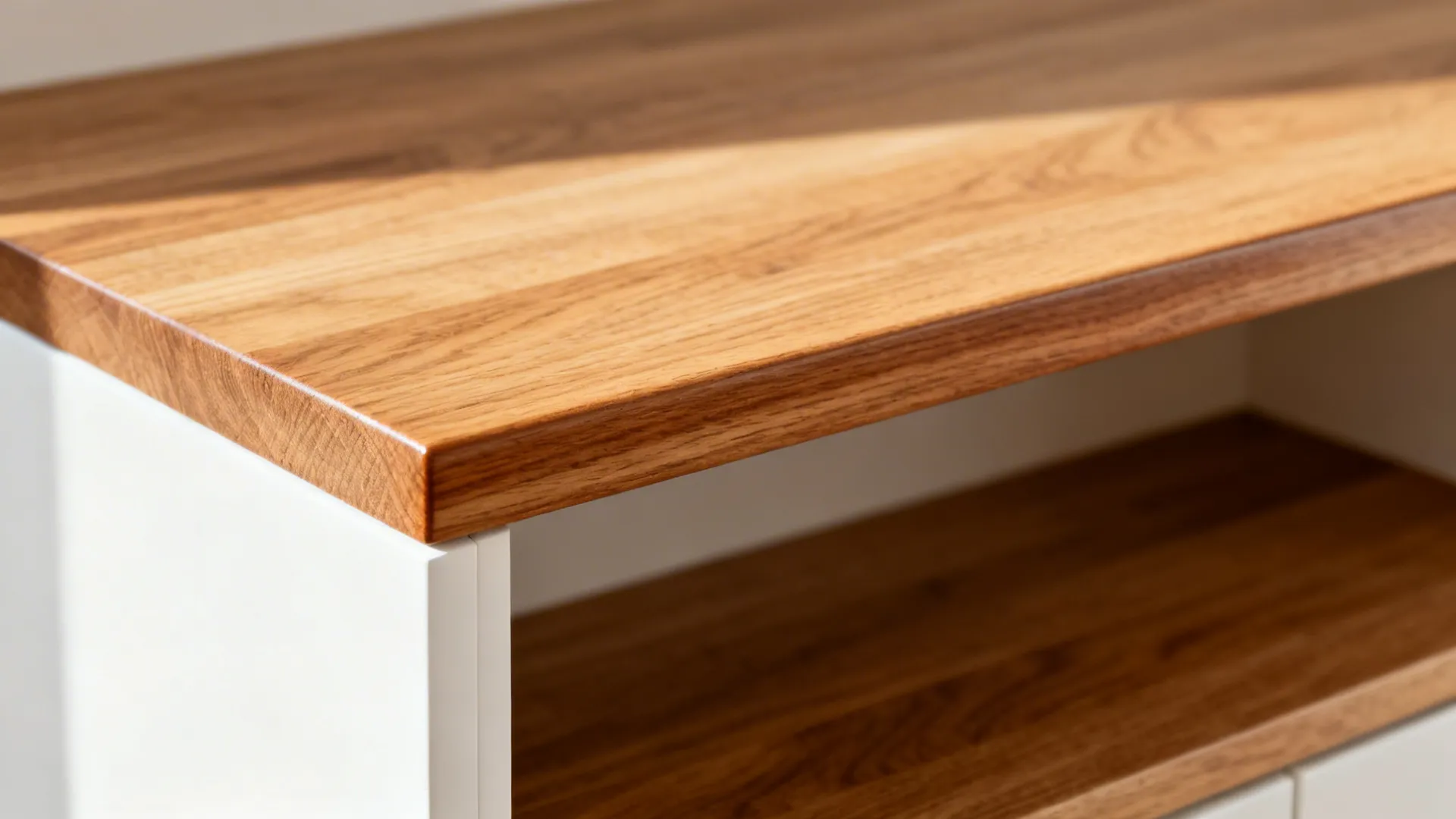 Macro of oak edge-banded counter and floating shelf with a satin finish beside a white cabinet.