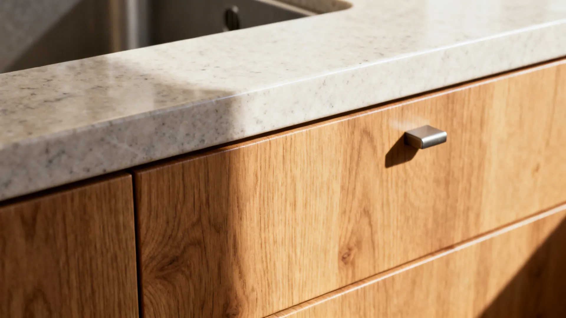 Macro of rift‑cut oak drawer front and quartz counter with crisp joinery.
