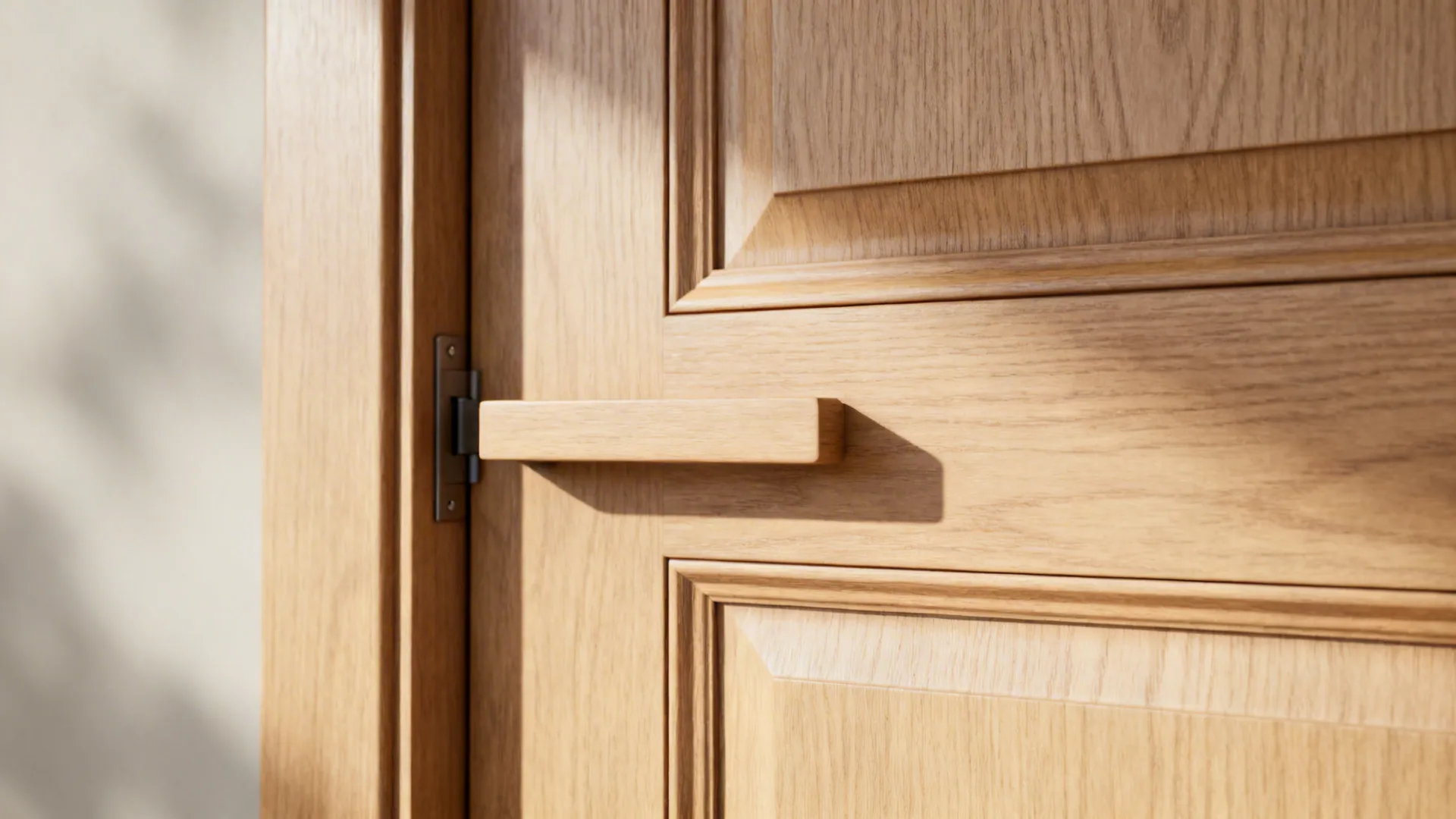 Close up view of a light oak wood door with a matching wooden handle and detail
