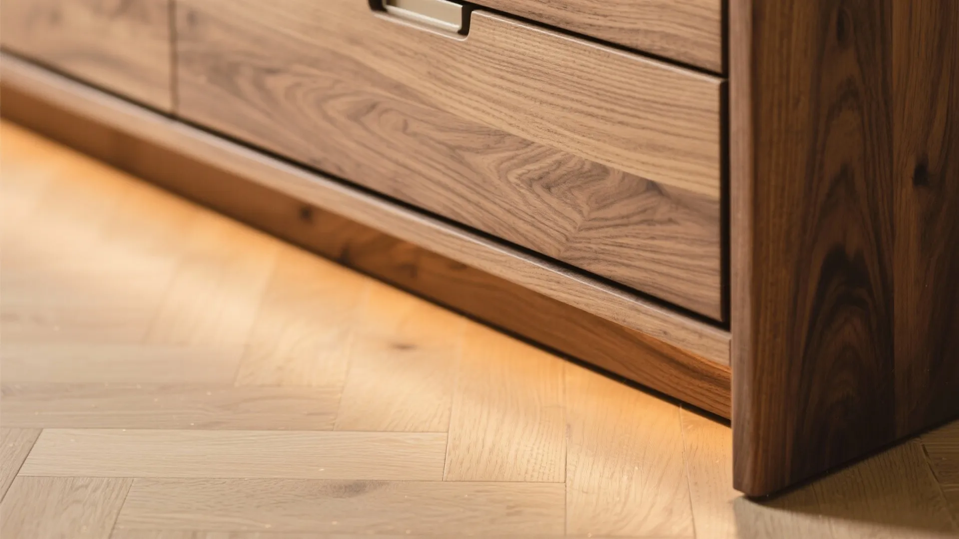 Close up of wooden cabinet drawers with warm light on a light oak herringbone wood floor