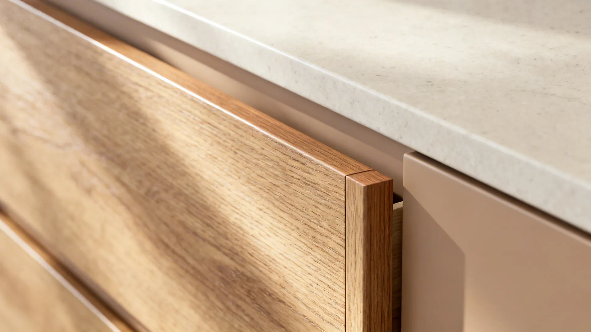 Macro of rift-cut oak drawer with matte lacquer finish next to a pale quartz countertop.