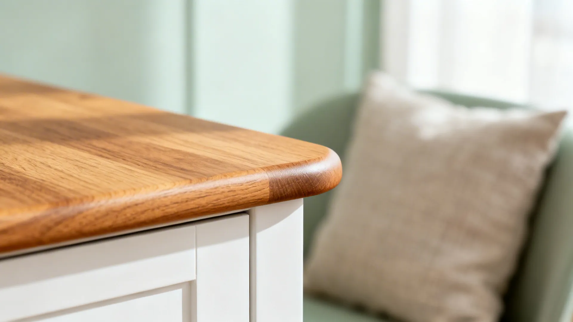 Macro of rounded oak tabletop edge next to matte white cabinetry under soft daylight.