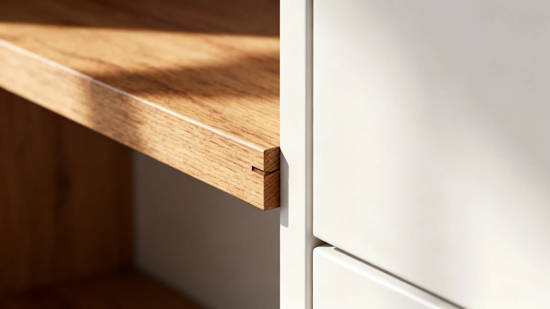 Macro of a 20mm oak shelf edge meeting a matte white cabinet face.