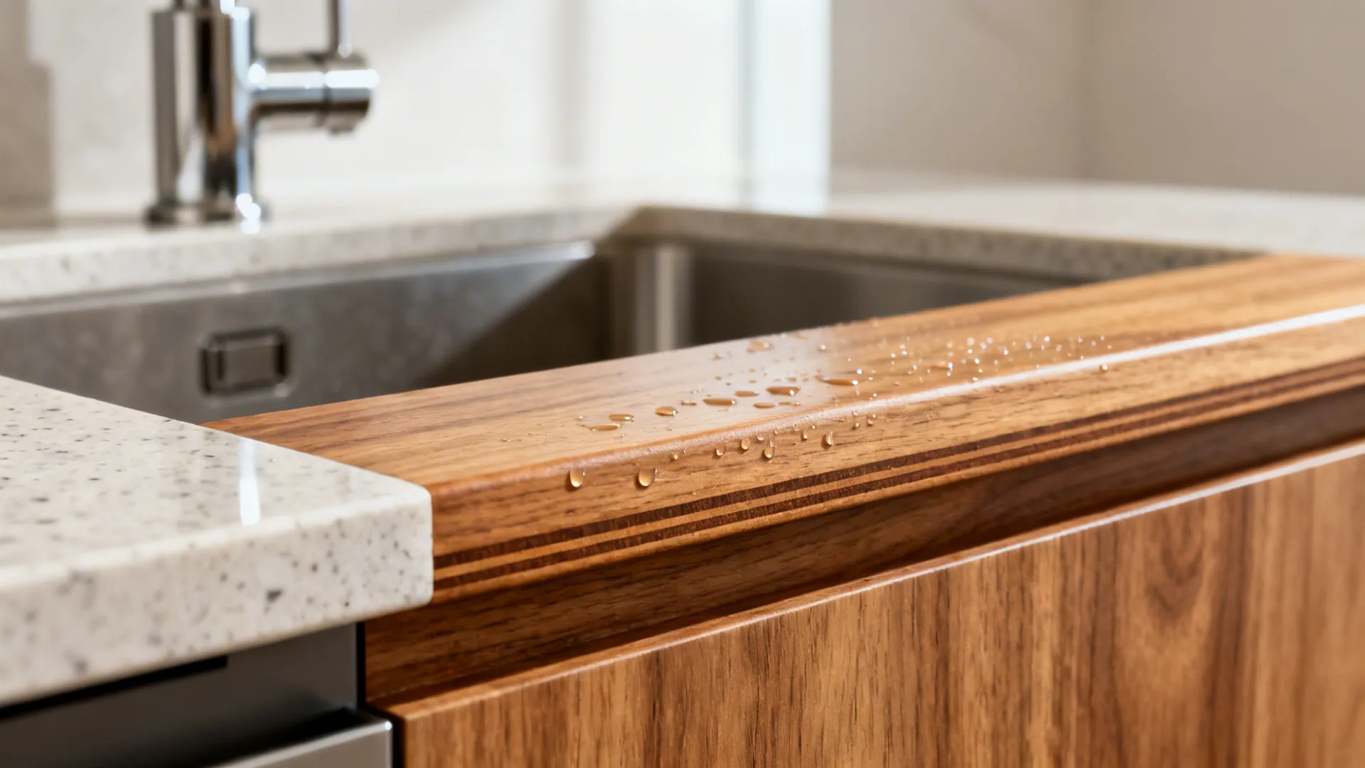Macro of a sealed oak veneer edge near a sink with water beading on the satin finish.