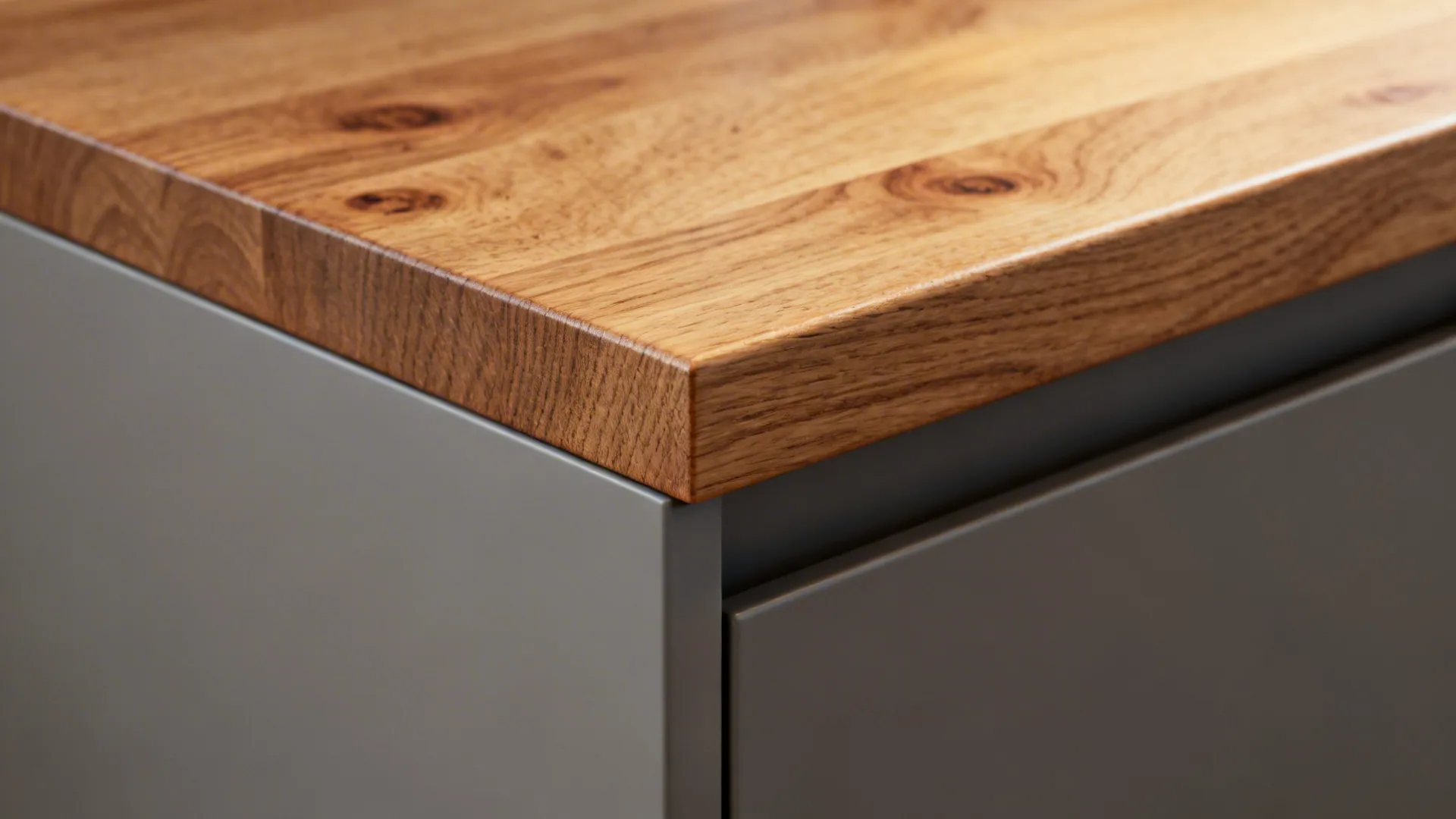 Macro view of a 25 mm oak edge detail beside a matte gray cabinet surface.
