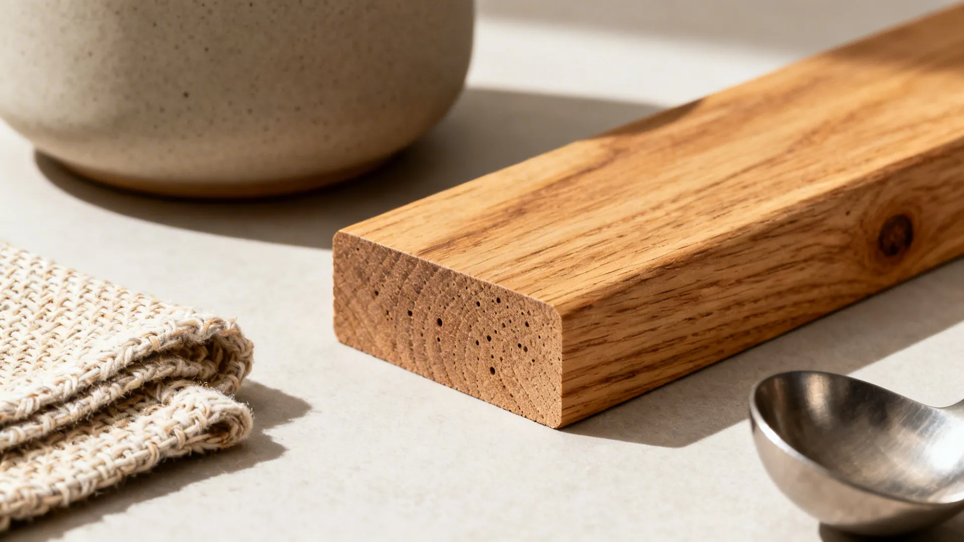 Close up of a wooden plank with visible grain next to a bowl and small spoon